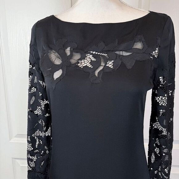 Diane Von Furstenberg Silk Ernestina Dress Black Shift -No Belt Lace Trim Size 4 - Picture 3 of 13